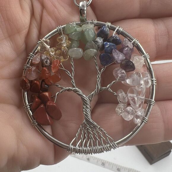 Natural Gemstone Tree Of Life Necklace Leather Chakra Healing Wire Wrap - Picture 1 of 8